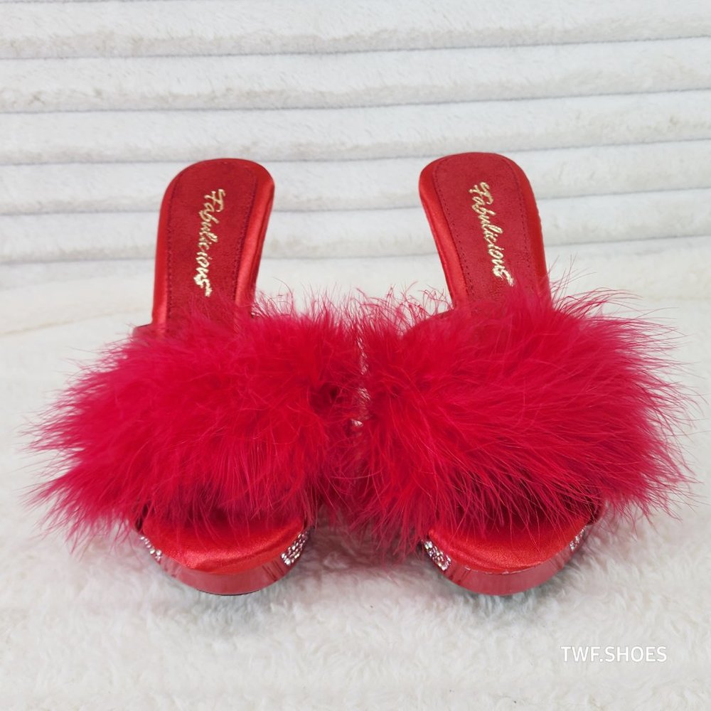 Your Majesty Red Marabou Feather Rhinestone Platform Slip On Slides